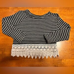 Girls Navy, & Baby blue striped Long Sleeve Top with White Lace Hem